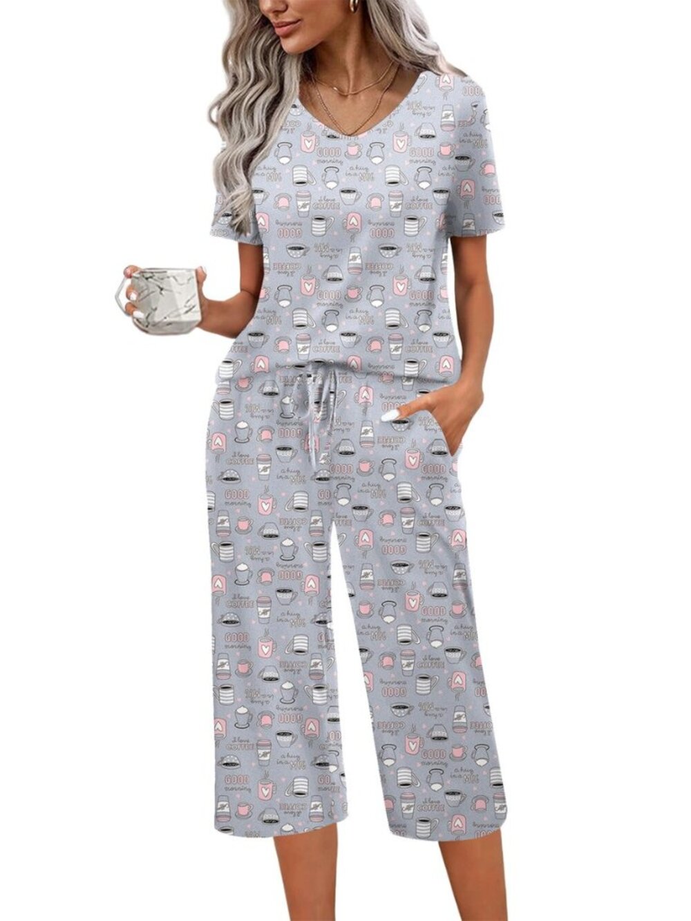 Womens Pajama Sets Soft Cotton Pj Short Sleeve Top with Capri Pants